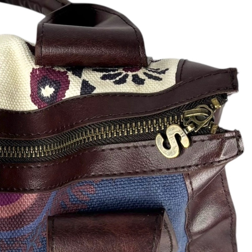 Desigual Embroidered Floral Pattern Faux Leather Trim Double Handle Shoulder Bag - Picture 9 of 14
